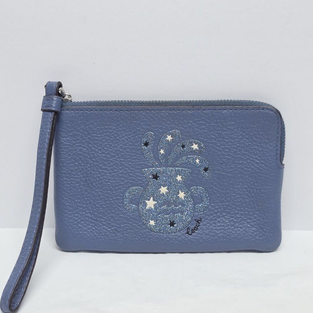 Coach Zodiac Aquarius Sign Water Bearer Blue Leather Corner Zip Wristlet Pouch